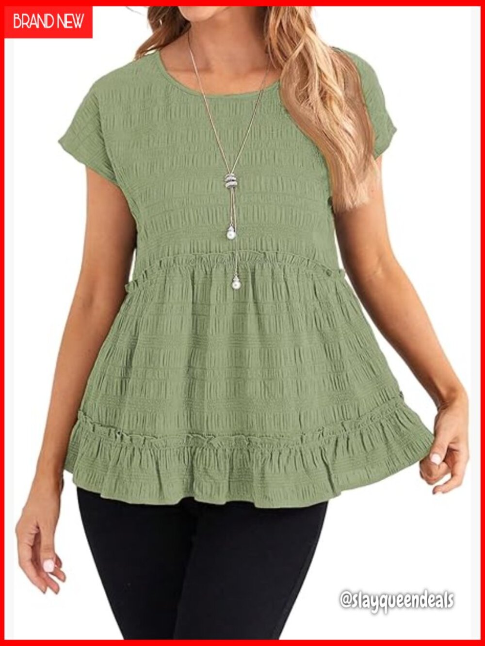 Babydoll Blouse Short Sleeve Crewneck Loose Fit Flowy Tunic Summer Top